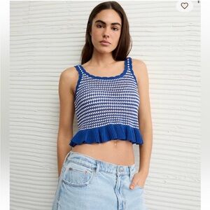 American Eagle crochet blue and white top ruffle boho spring summer festival